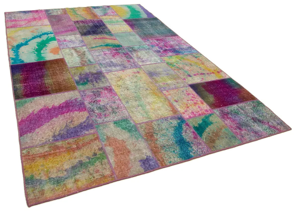 Patchwork Multi Pamuk Üzerine Yün El Dokuma Kilim-197x301 - Görsel 2