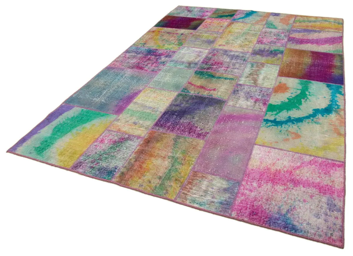 Patchwork Multi Pamuk Üzerine Yün El Dokuma Kilim-197x301 - Görsel 3