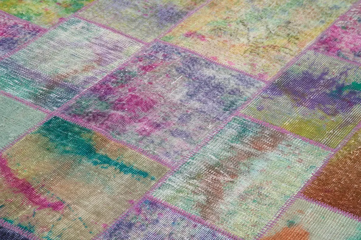 Patchwork Multi Pamuk Üzerine Yün El Dokuma Kilim-197x301 - Görsel 5