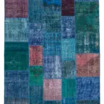 Patchwork Mavi Pamuk Üzerine Yün El Dokuma Kilim-202x300