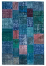 Patchwork Mavi Pamuk Üzerine Yün El Dokuma Kilim-202x300