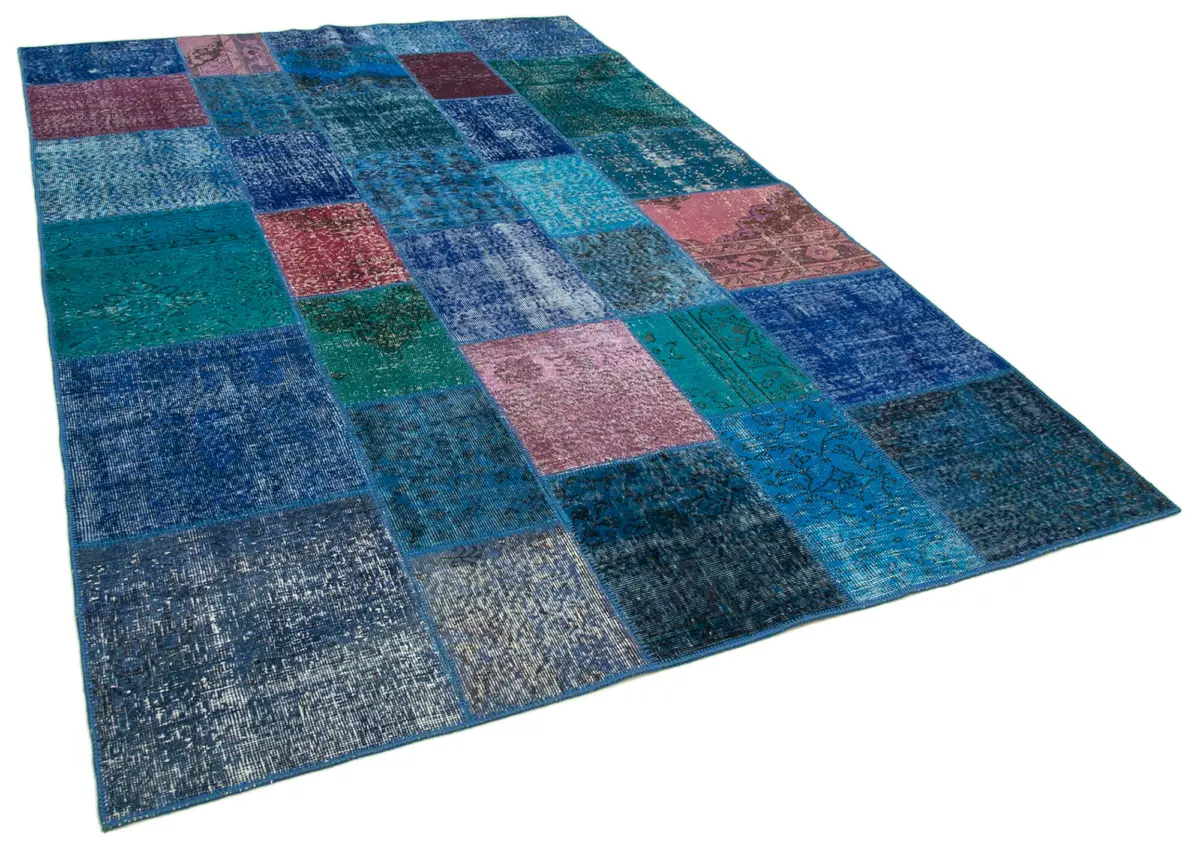 Patchwork Mavi Pamuk Üzerine Yün El Dokuma Kilim-202x300 - Görsel 2