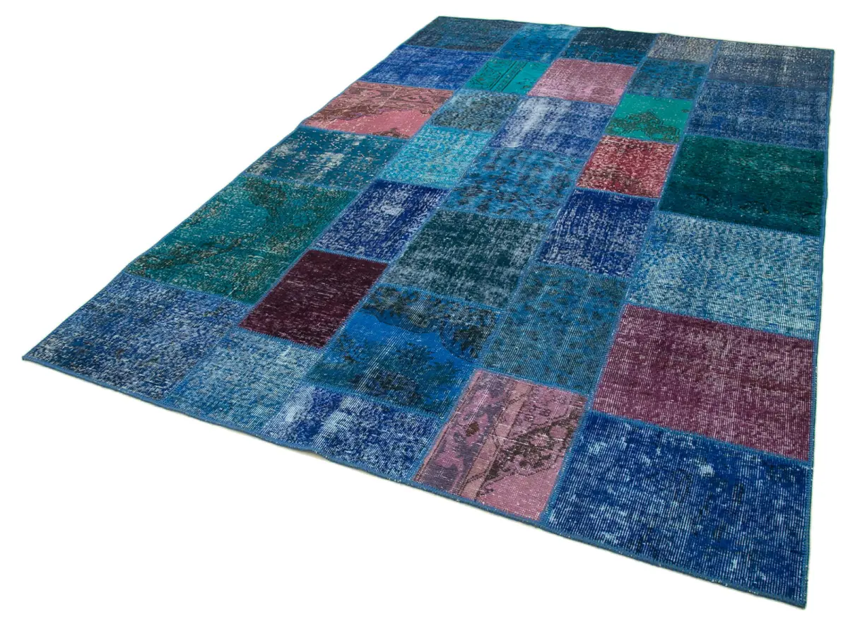 Patchwork Mavi Pamuk Üzerine Yün El Dokuma Kilim-202x300 - Görsel 3