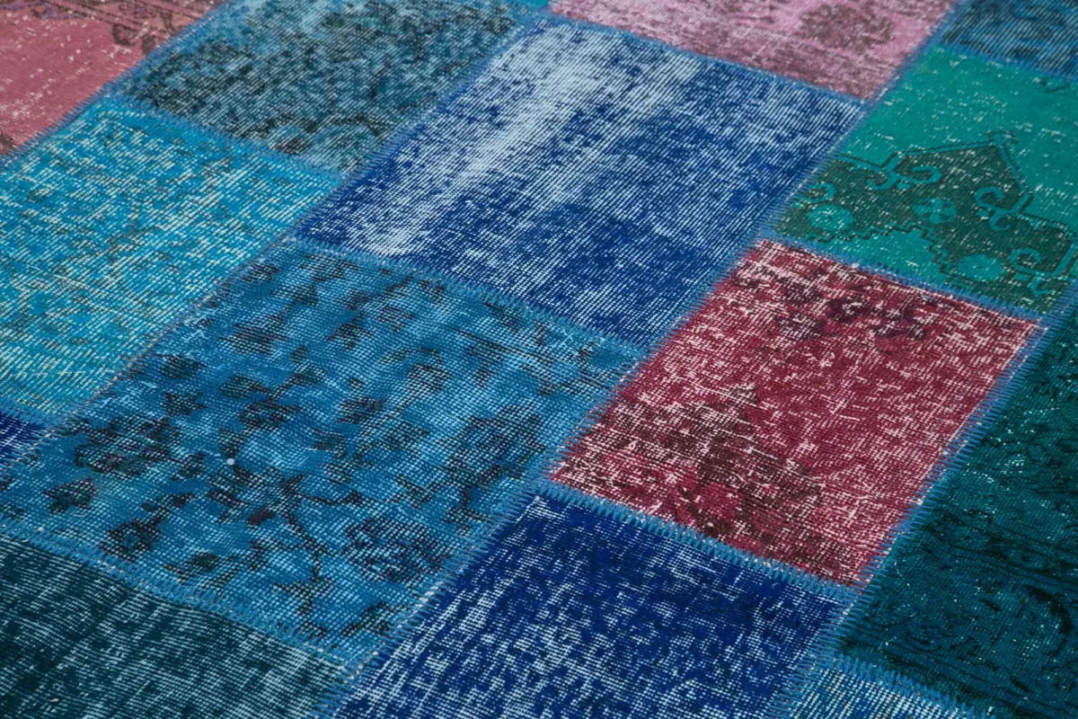 Patchwork Mavi Pamuk Üzerine Yün El Dokuma Kilim-202x300 - Görsel 5