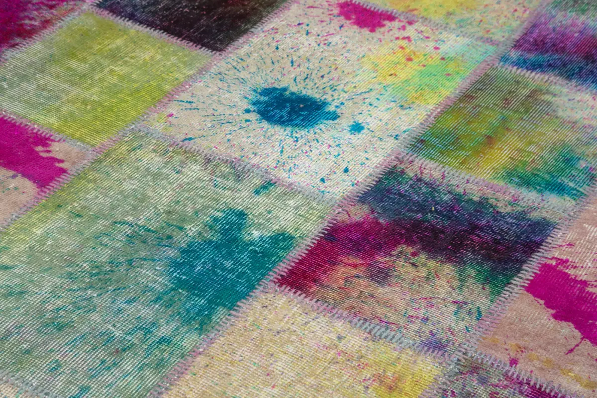 Patchwork Multi Pamuk Üzerine Yün El Dokuma Kilim-205x302 - Görsel 5