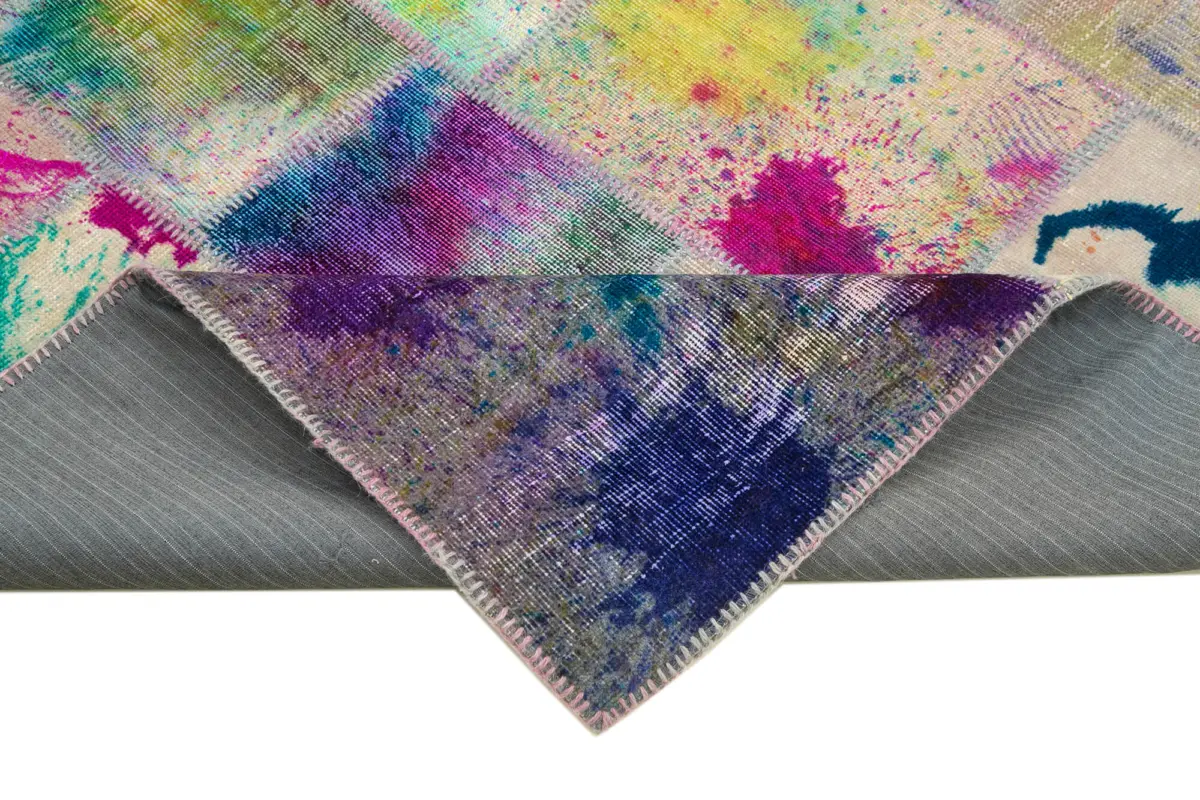 Patchwork Multi Pamuk Üzerine Yün El Dokuma Kilim-205x302 - Görsel 6