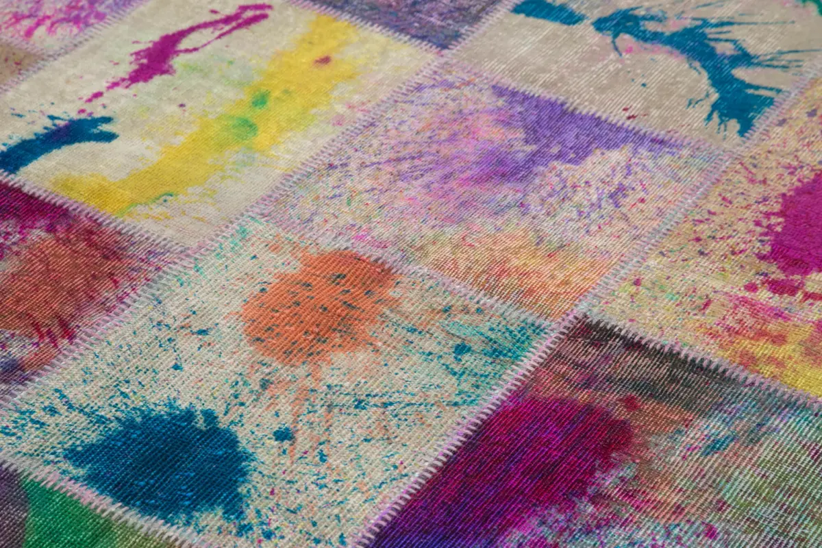 Patchwork Multi Pamuk Üzerine Yün El Dokuma Kilim-200x300 - Görsel 5