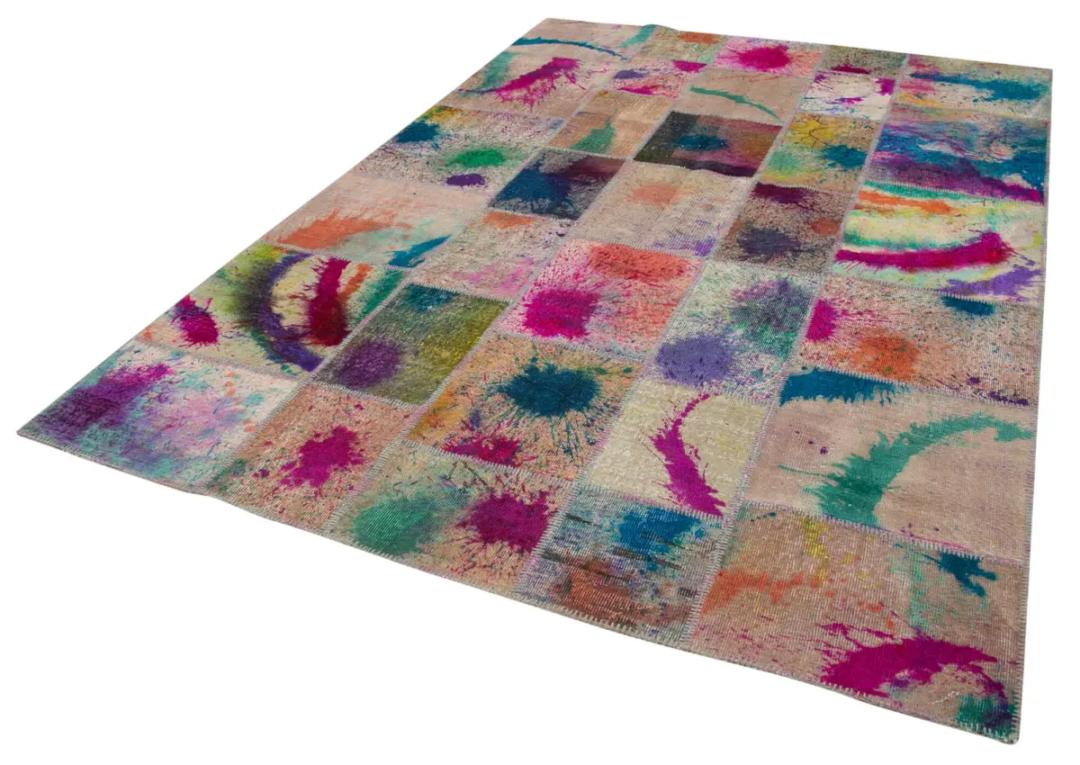 Patchwork Multi Pamuk Üzerine Yün El Dokuma Kilim-205x300 - Görsel 3