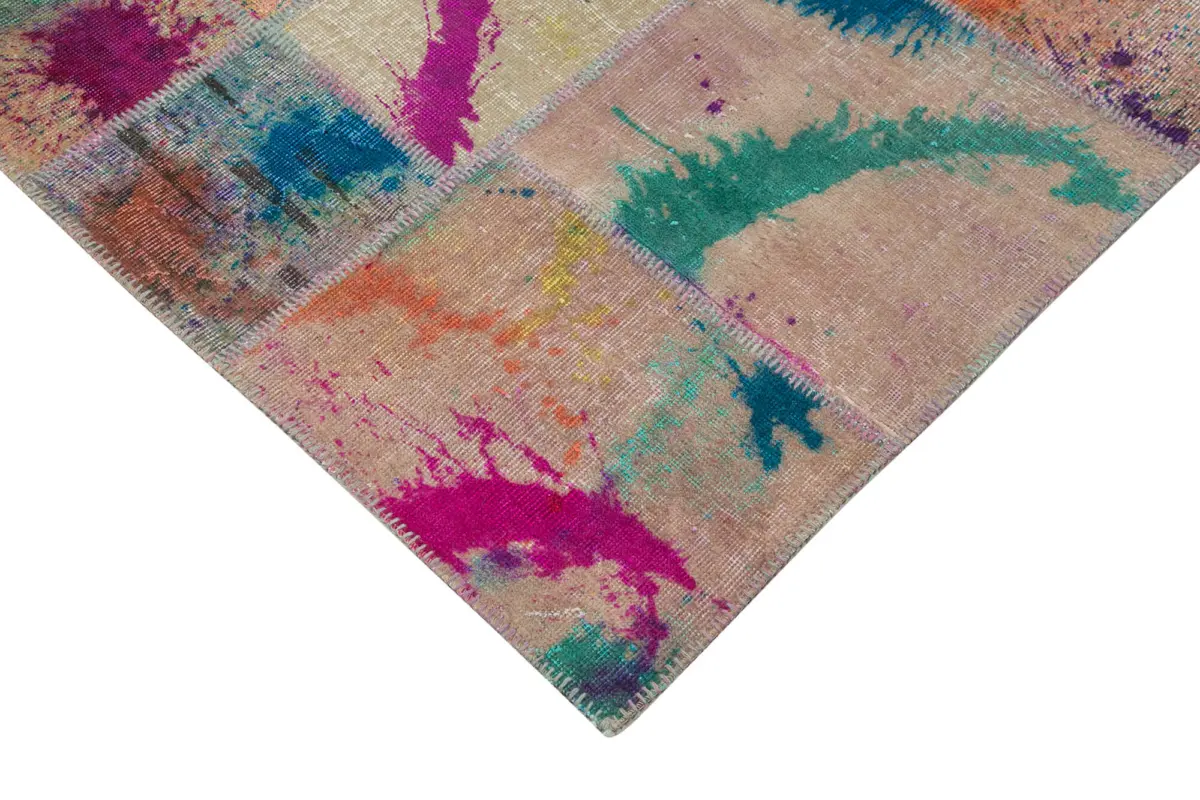 Patchwork Multi Pamuk Üzerine Yün El Dokuma Kilim-205x300 - Görsel 4