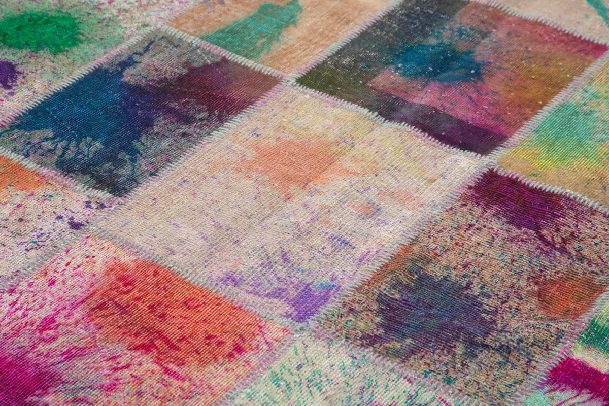 Patchwork Multi Pamuk Üzerine Yün El Dokuma Kilim-205x300 - Görsel 5
