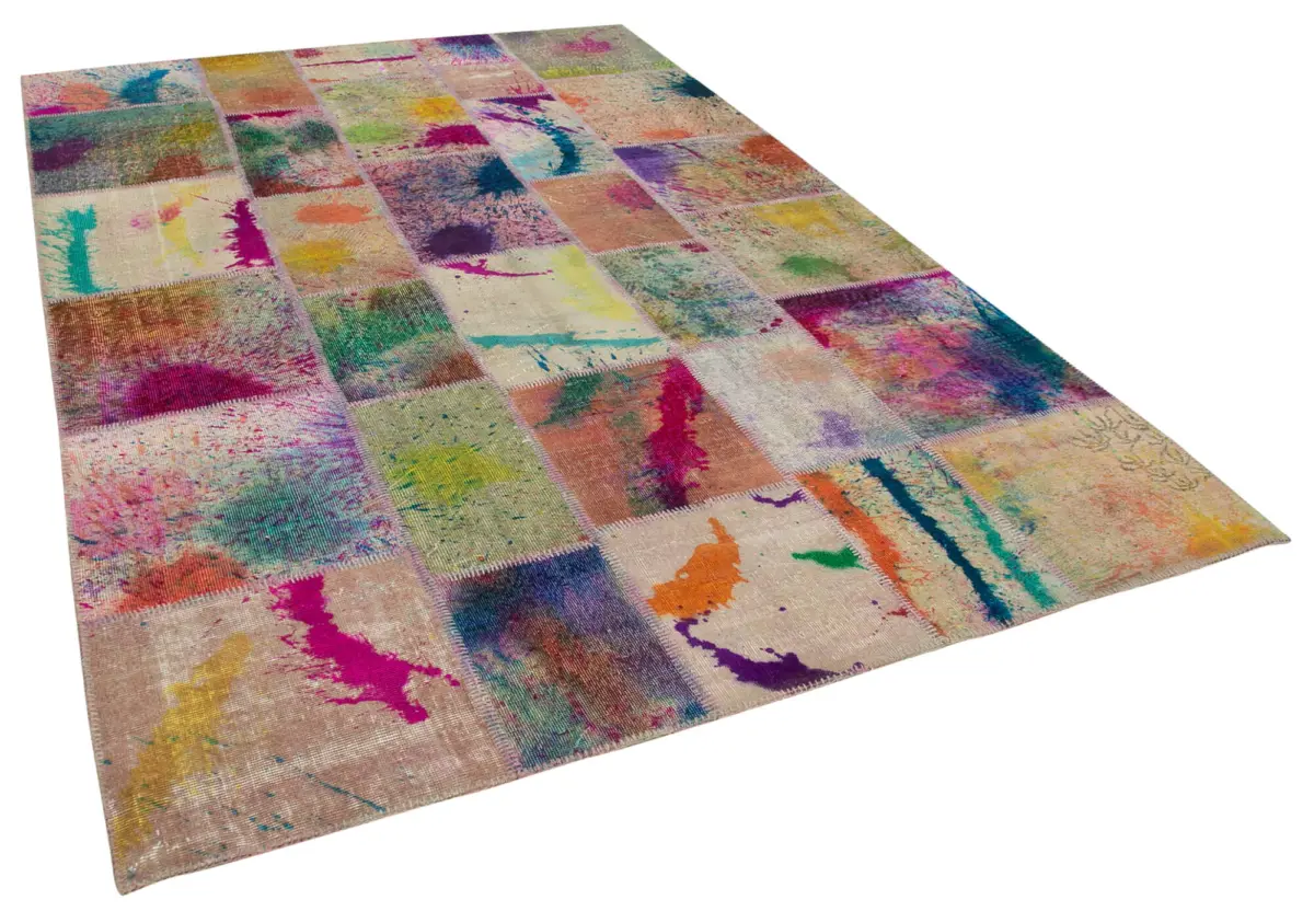 Patchwork Multi Pamuk Üzerine Yün El Dokuma Kilim-204x305 - Görsel 2