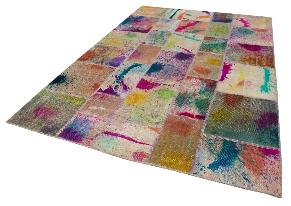 Patchwork Multi Pamuk Üzerine Yün El Dokuma Kilim-204x305 - Görsel 3