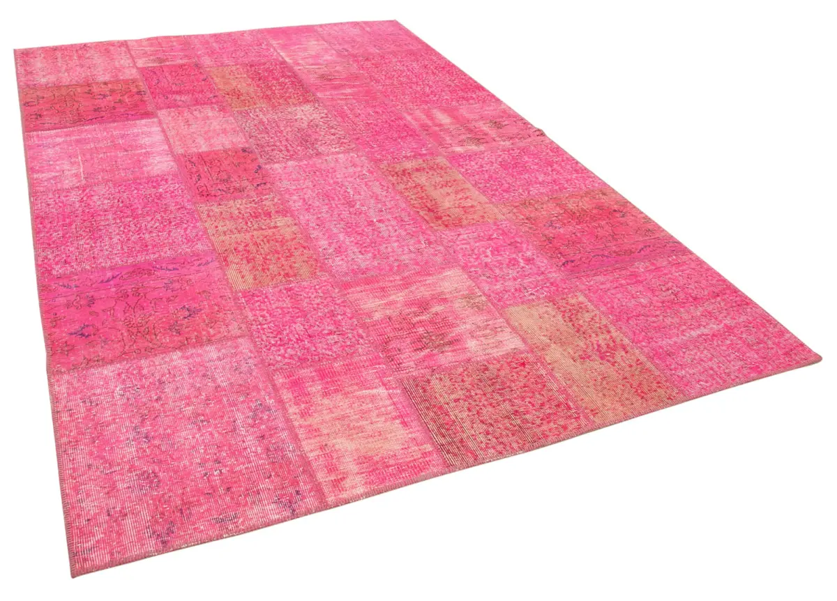 Patchwork Pembe Pamuk Üzerine Yün El Dokuma Kilim-200x300 - Görsel 2