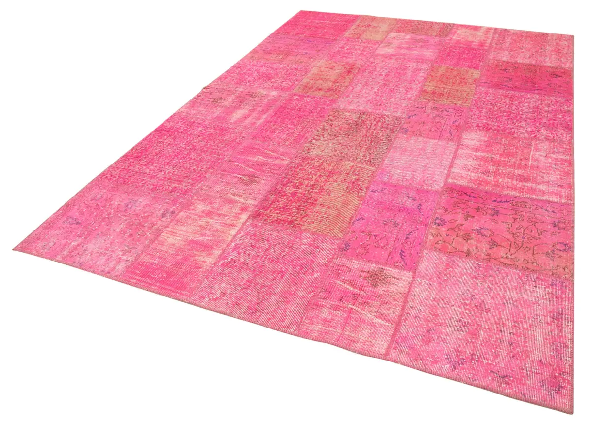 Patchwork Pembe Pamuk Üzerine Yün El Dokuma Kilim-200x300 - Görsel 3