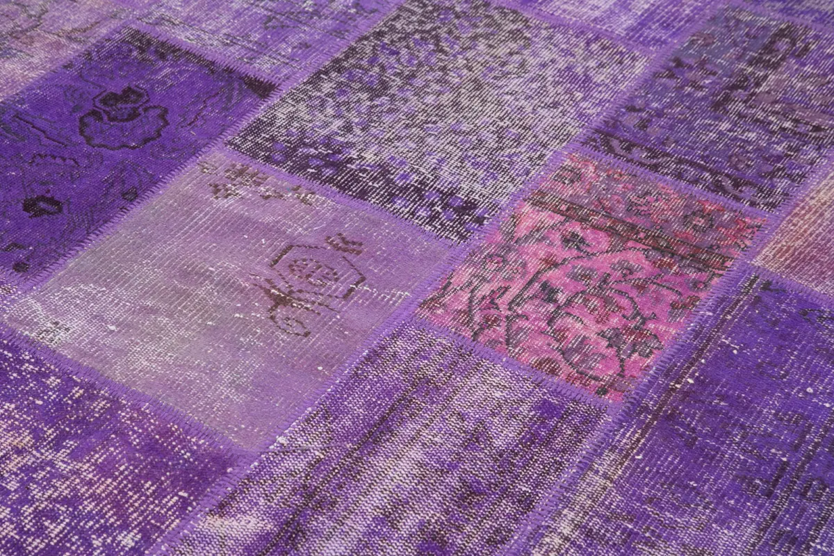 Patchwork Mor Pamuk Üzerine Yün El Dokuma Kilim-194x301 - Görsel 5