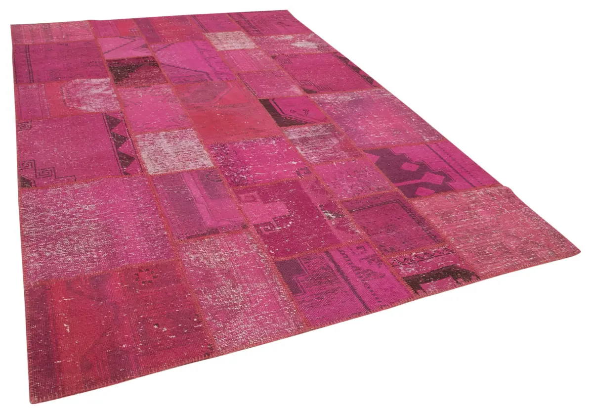Patchwork Pembe Pamuk Üzerine Yün El Dokuma Kilim-204x302 - Görsel 2