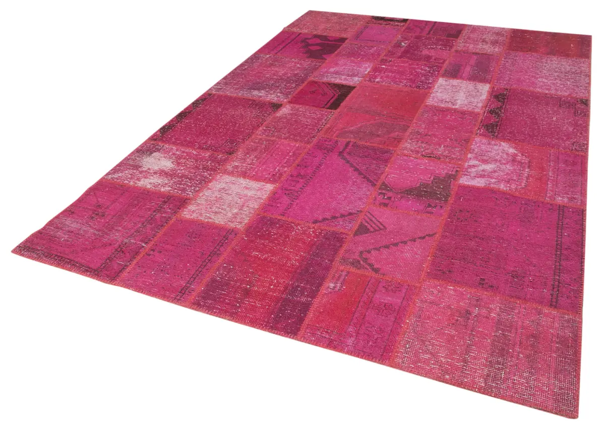 Patchwork Pembe Pamuk Üzerine Yün El Dokuma Kilim-204x302 - Görsel 3