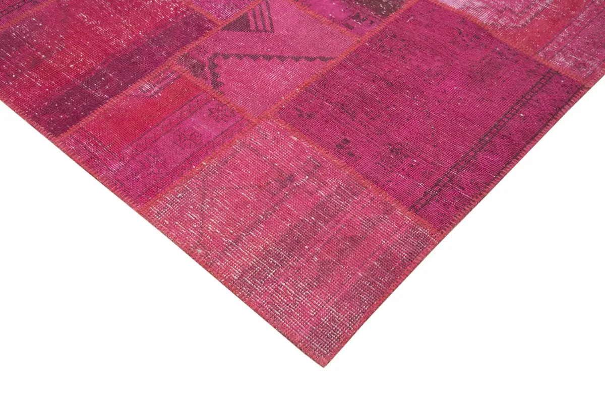 Patchwork Pembe Pamuk Üzerine Yün El Dokuma Kilim-204x302 - Görsel 4