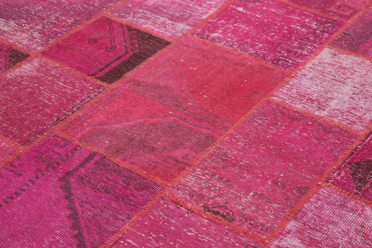 Patchwork Pembe Pamuk Üzerine Yün El Dokuma Kilim-204x302 - Görsel 5