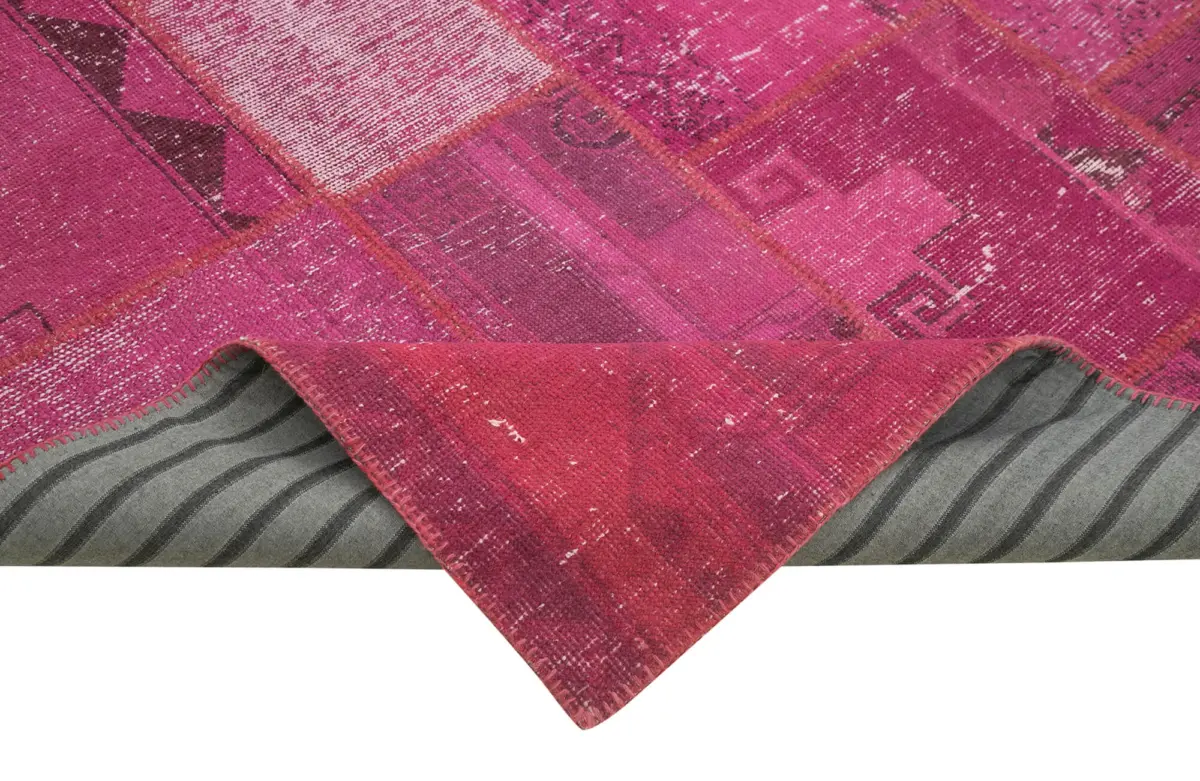 Patchwork Pembe Pamuk Üzerine Yün El Dokuma Kilim-204x302 - Görsel 6