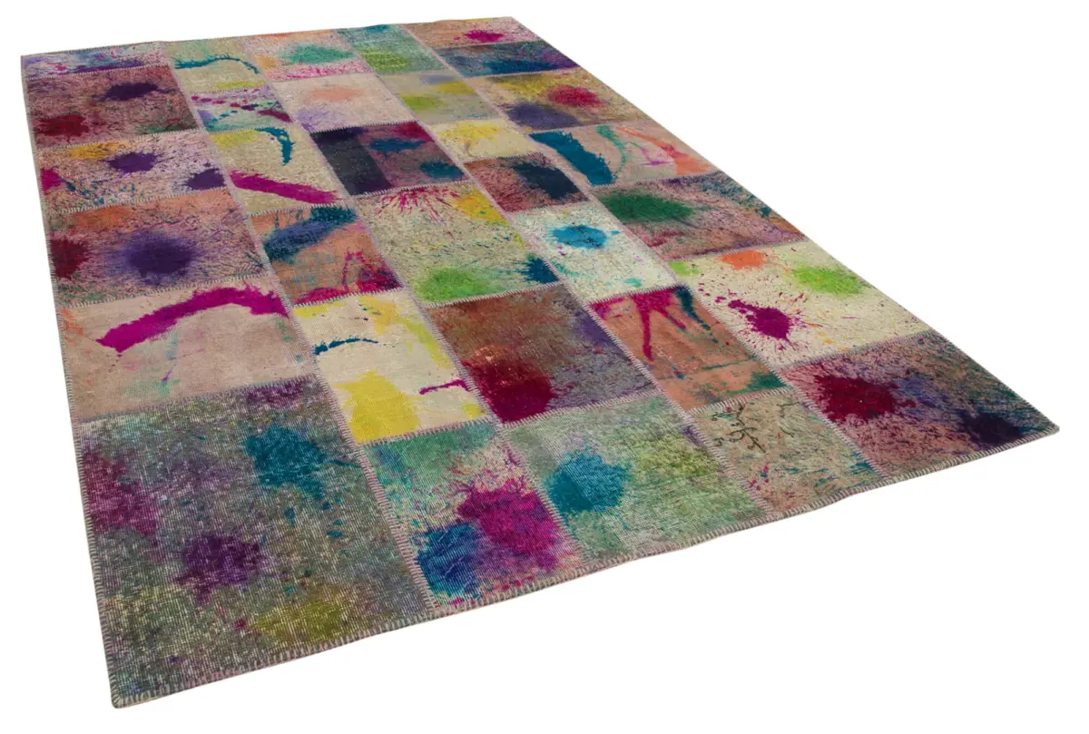 Patchwork Multi Pamuk Üzerine Yün El Dokuma Kilim-206x302 - Görsel 2