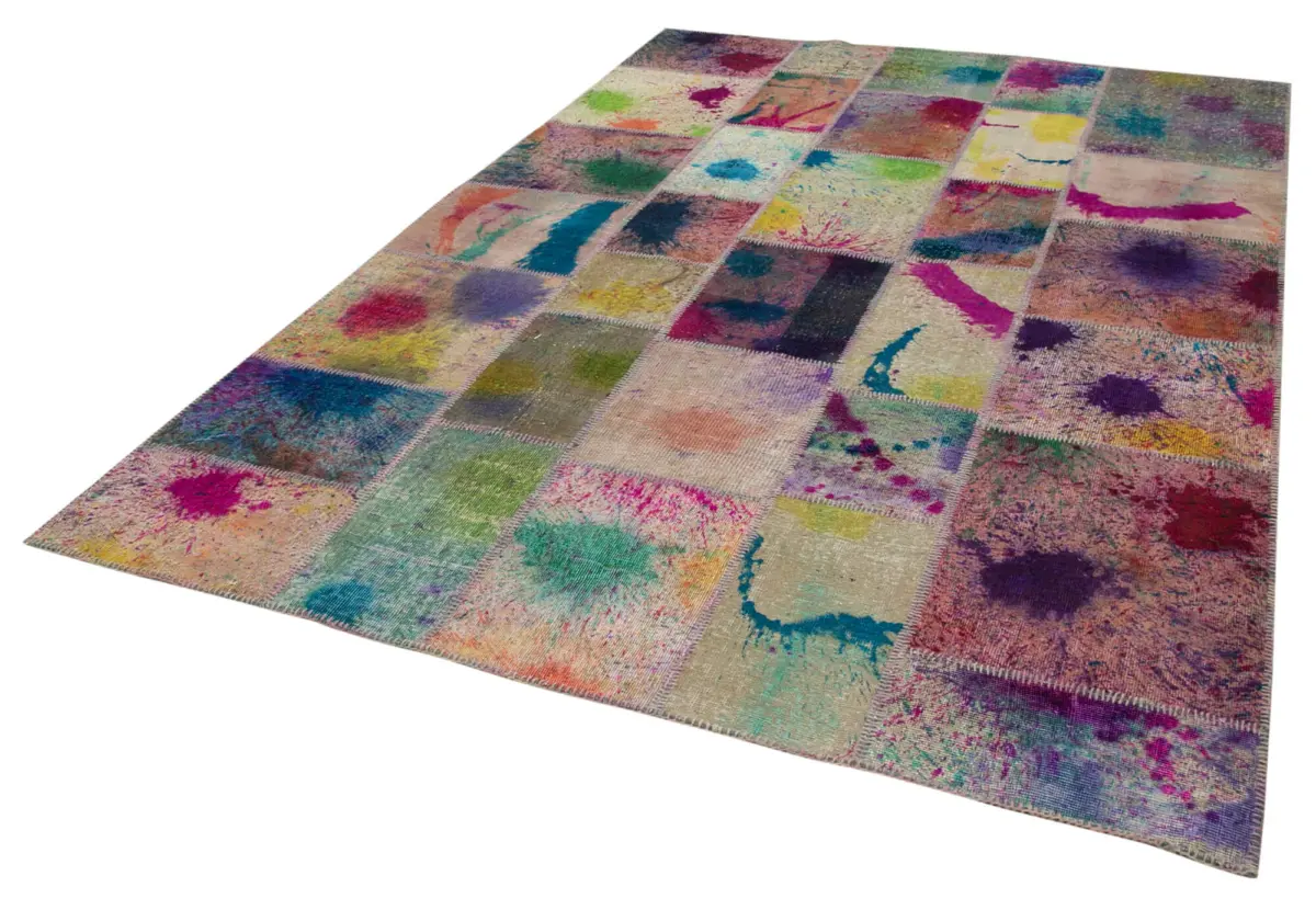 Patchwork Multi Pamuk Üzerine Yün El Dokuma Kilim-206x302 - Görsel 3