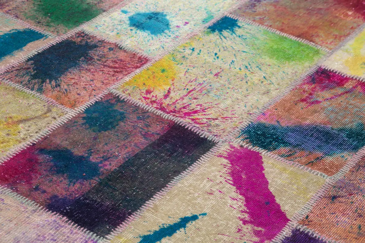 Patchwork Multi Pamuk Üzerine Yün El Dokuma Kilim-206x302 - Görsel 5