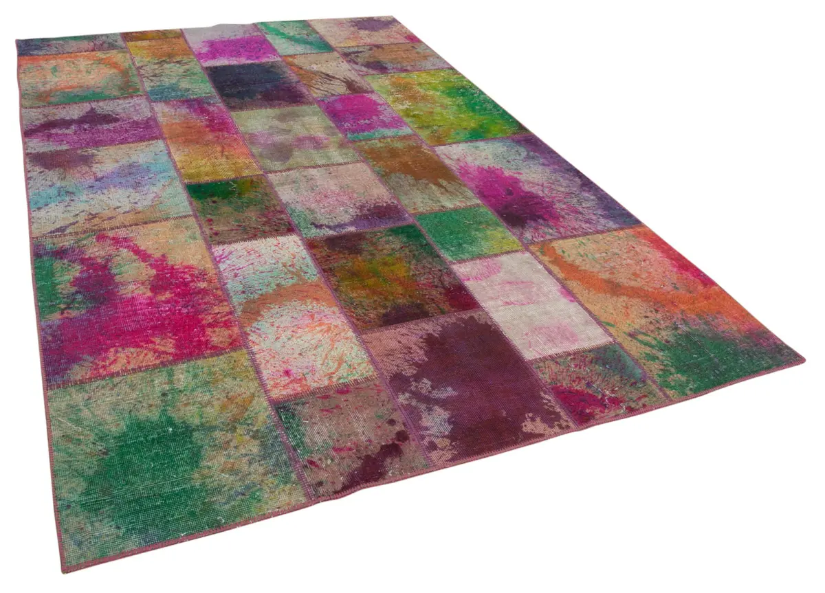 Patchwork Multi Pamuk Üzerine Yün El Dokuma Kilim-196x300 - Görsel 2