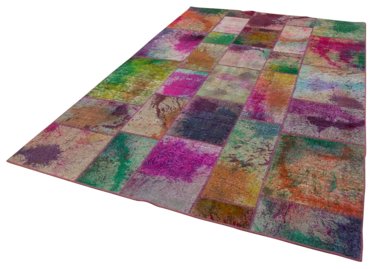 Patchwork Multi Pamuk Üzerine Yün El Dokuma Kilim-196x300 - Görsel 3