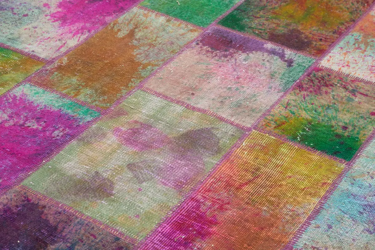 Patchwork Multi Pamuk Üzerine Yün El Dokuma Kilim-196x300 - Görsel 5