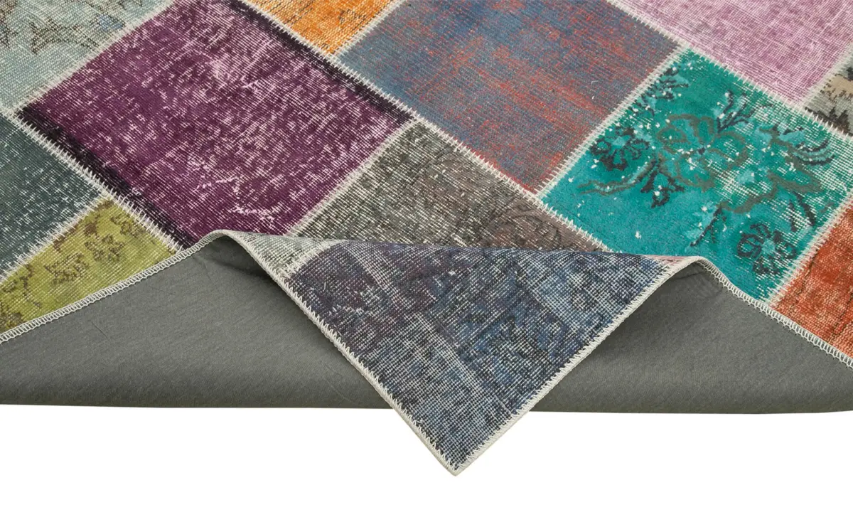 Patchwork Multi Pamuk Üzerine Yün El Dokuma Kilim-205x297 - Görsel 6