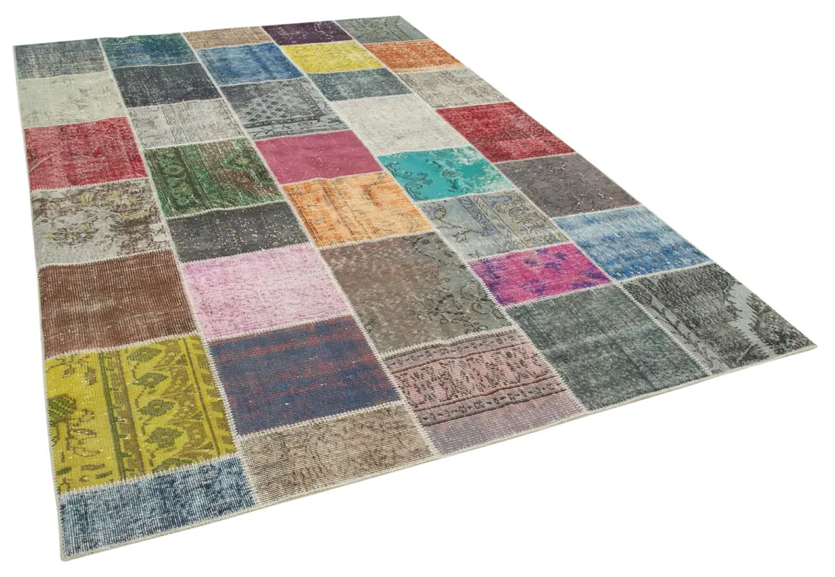 Patchwork Multi Pamuk Üzerine Yün El Dokuma Kilim-205x301 - Görsel 2