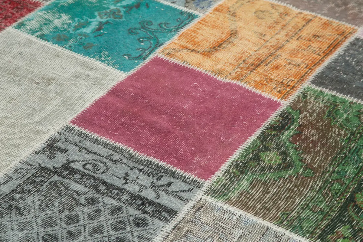 Patchwork Multi Pamuk Üzerine Yün El Dokuma Kilim-205x301 - Görsel 5