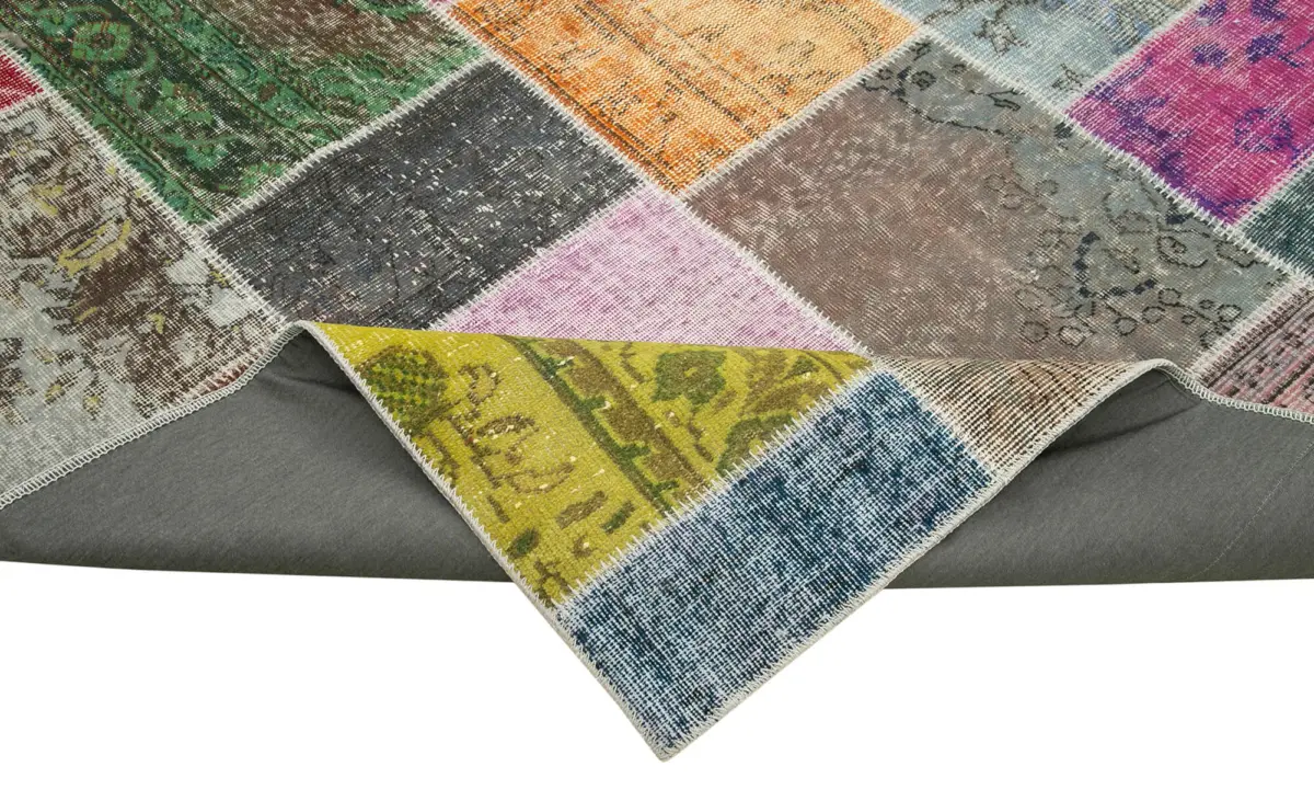 Patchwork Multi Pamuk Üzerine Yün El Dokuma Kilim-205x301 - Görsel 6