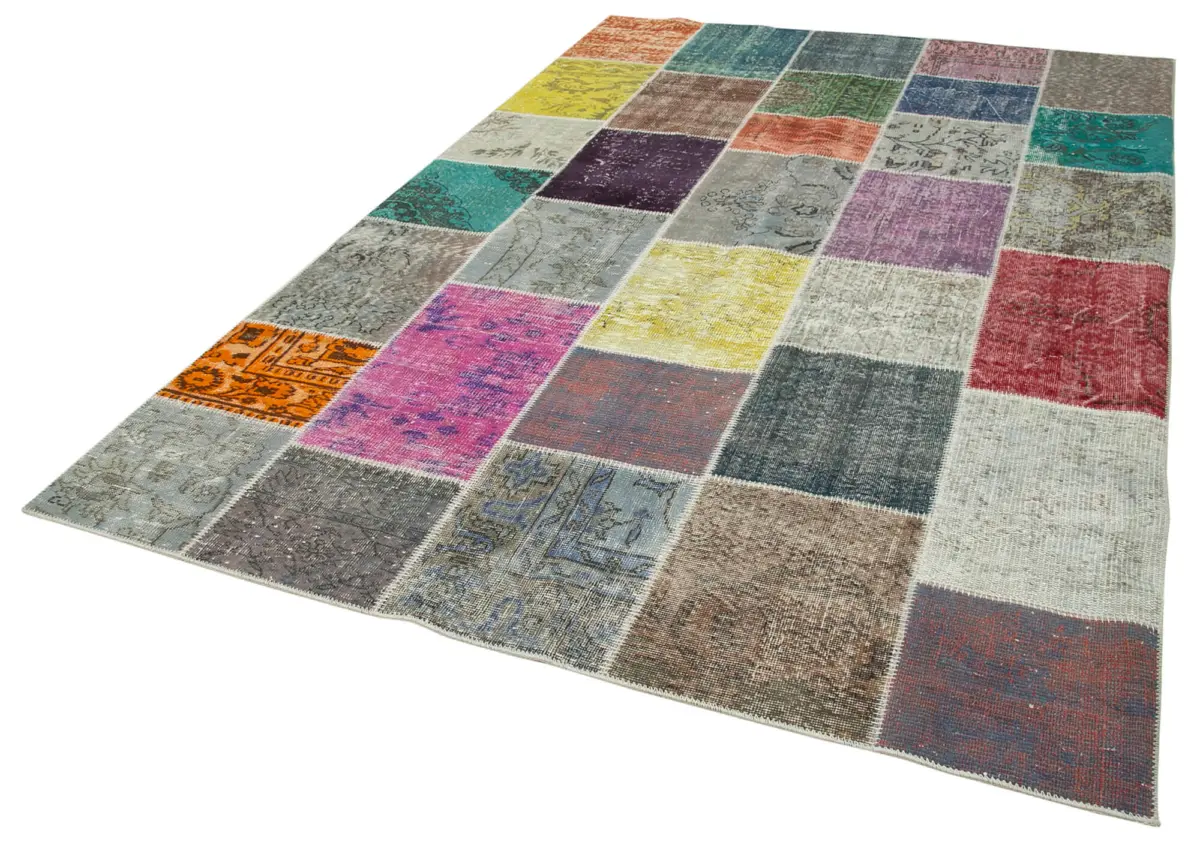 Patchwork Multi Pamuk Üzerine Yün El Dokuma Kilim-204x301 - Görsel 3