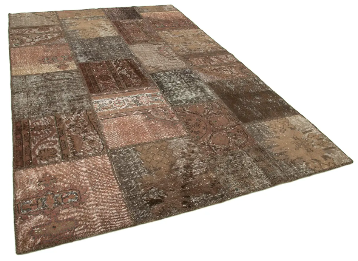 Patchwork Kahverengi Pamuk Üzerine Yün El Dokuma Kilim-198x302 - Görsel 2