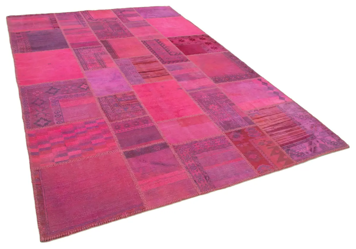Patchwork Pembe Pamuk Üzerine Yün El Dokuma Kilim-208x304 - Görsel 2