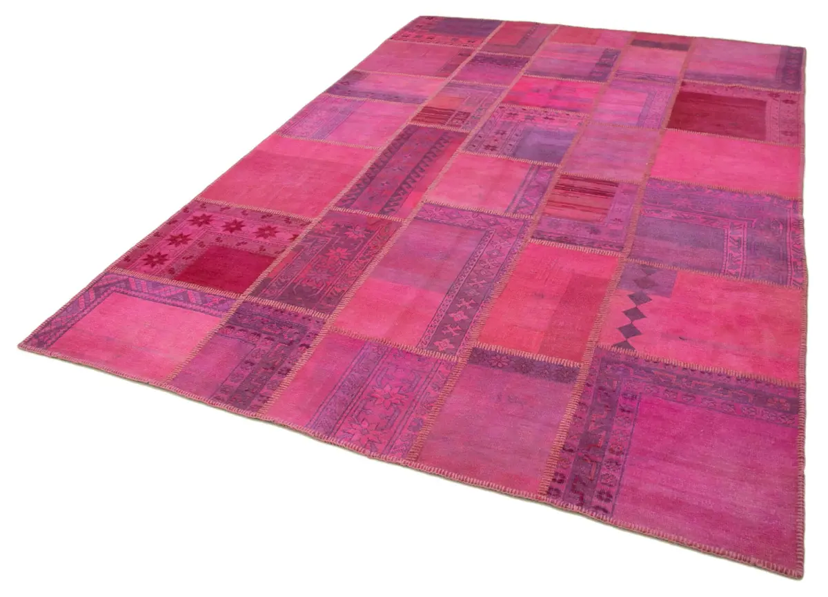 Patchwork Pembe Pamuk Üzerine Yün El Dokuma Kilim-207x304 - Görsel 3