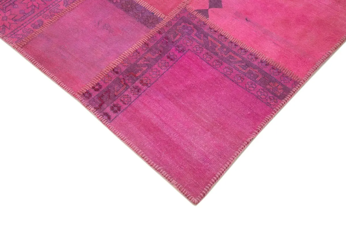 Patchwork Pembe Pamuk Üzerine Yün El Dokuma Kilim-207x304 - Görsel 4