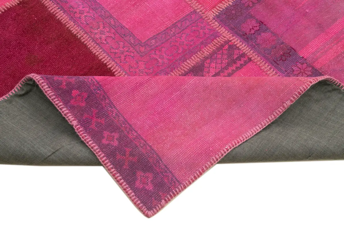 Patchwork Pembe Pamuk Üzerine Yün El Dokuma Kilim-207x304 - Görsel 6