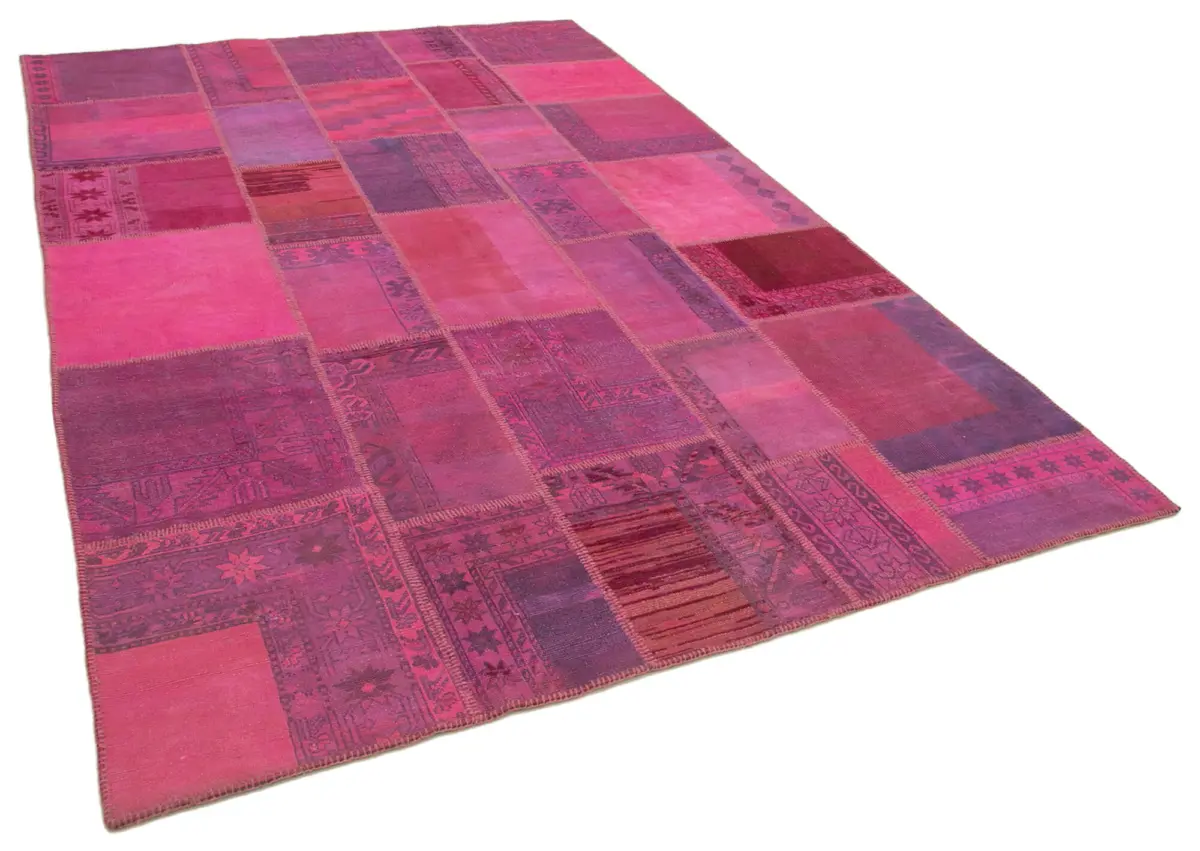 Patchwork Pembe Pamuk Üzerine Yün El Dokuma Kilim-208x306 - Görsel 2