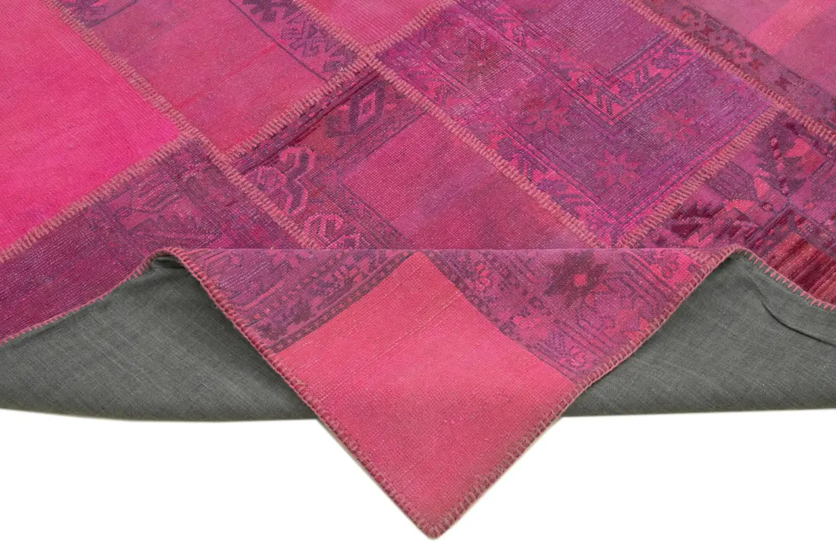 Patchwork Pembe Pamuk Üzerine Yün El Dokuma Kilim-208x306 - Görsel 6