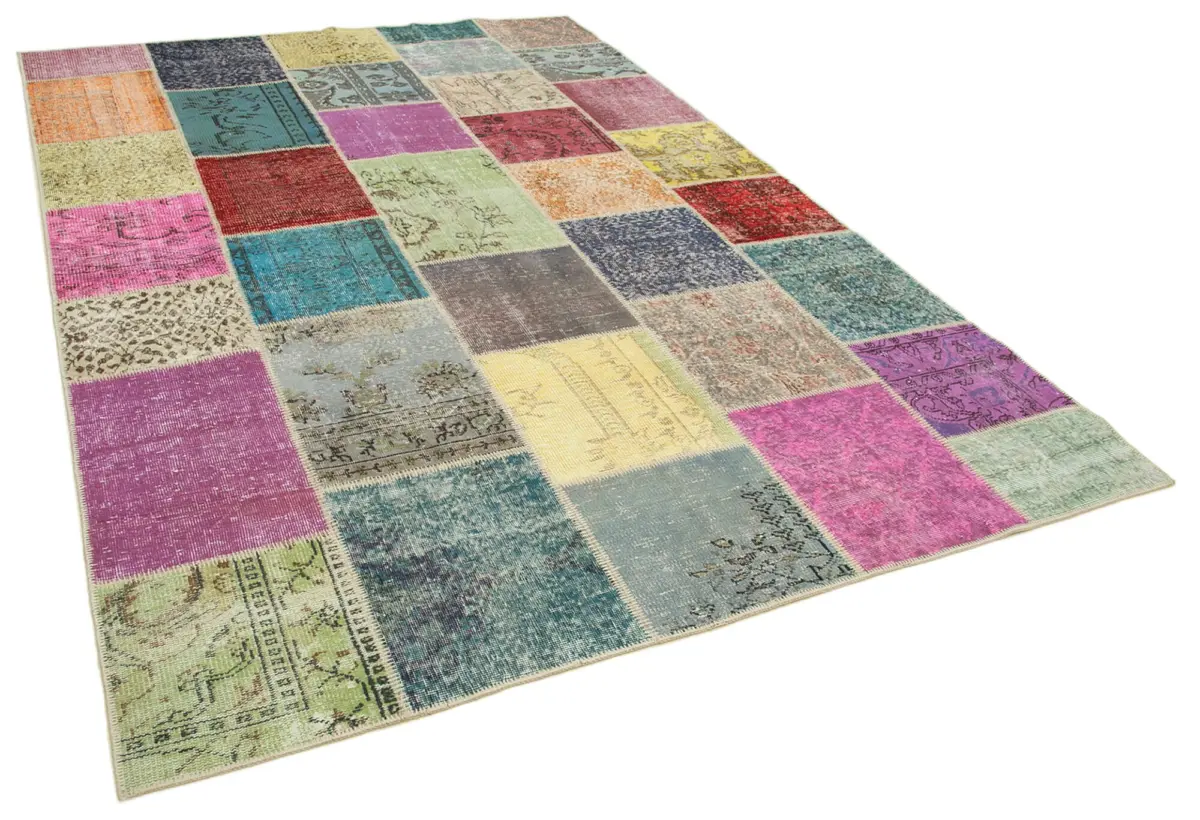 Patchwork Multi Pamuk Üzerine Yün El Dokuma Kilim-205x300 - Görsel 2