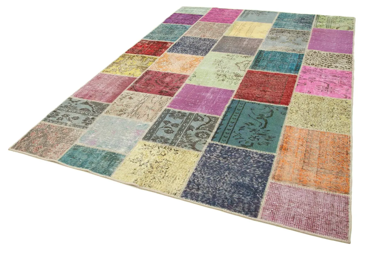 Patchwork Multi Pamuk Üzerine Yün El Dokuma Kilim-205x300 - Görsel 3