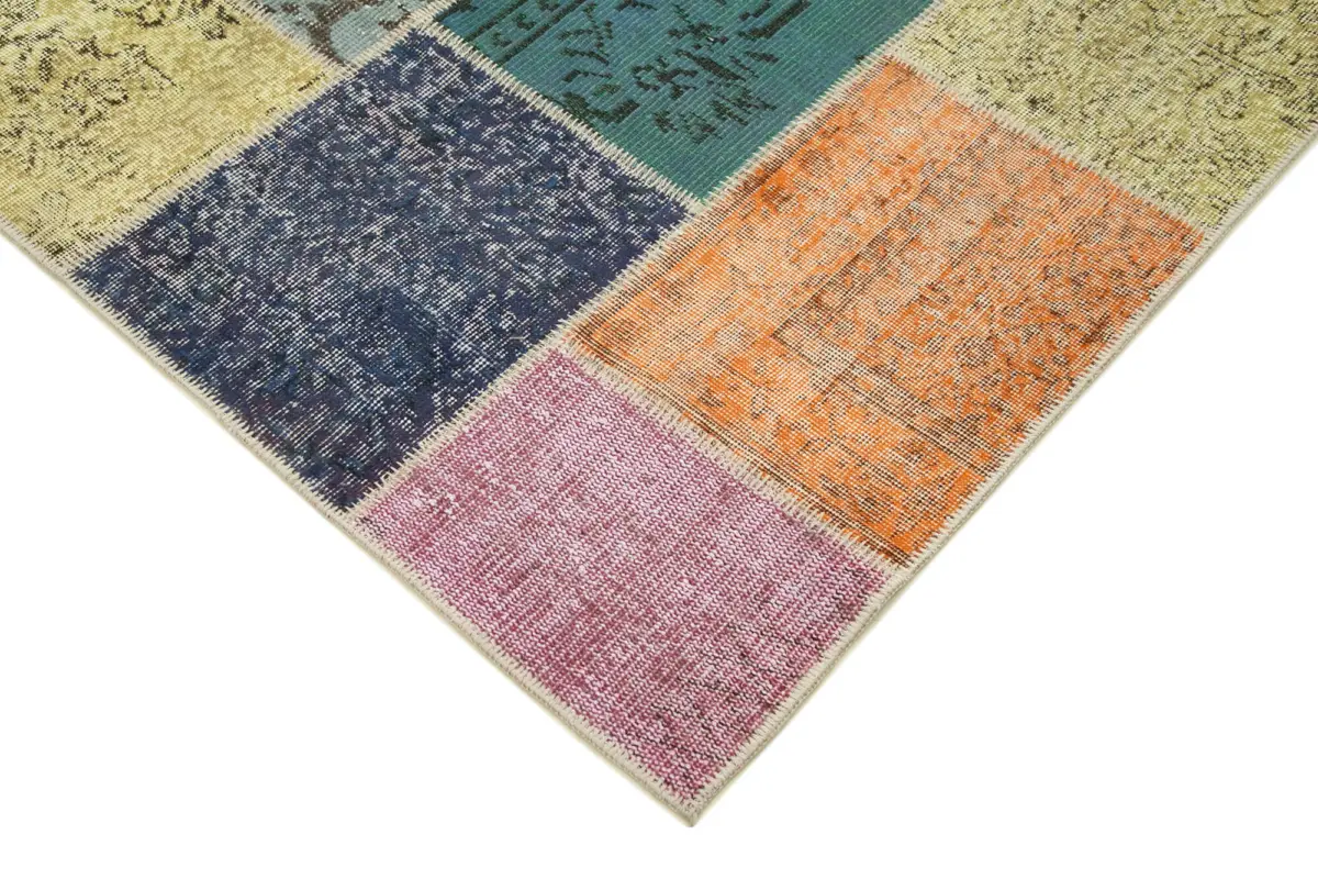 Patchwork Multi Pamuk Üzerine Yün El Dokuma Kilim-205x300 - Görsel 4
