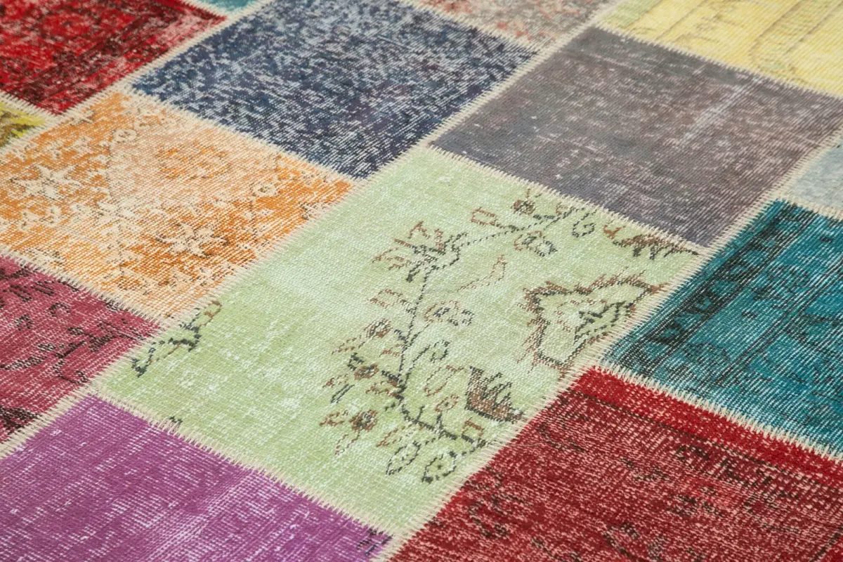 Patchwork Multi Pamuk Üzerine Yün El Dokuma Kilim-205x300 - Görsel 5
