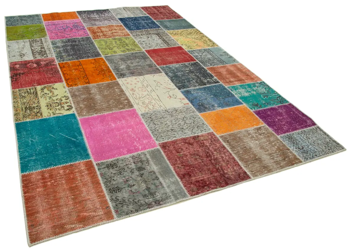 Patchwork Multi Pamuk Üzerine Yün El Dokuma Kilim-205x300 - Görsel 2