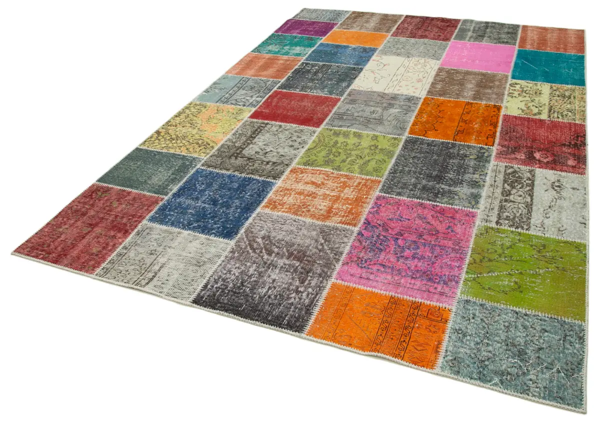 Patchwork Multi Pamuk Üzerine Yün El Dokuma Kilim-205x300 - Görsel 3