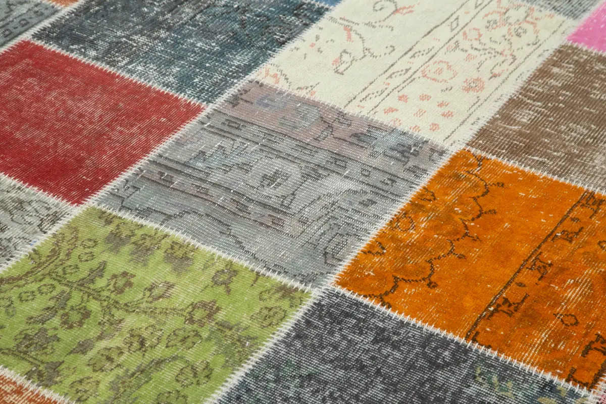 Patchwork Multi Pamuk Üzerine Yün El Dokuma Kilim-205x300 - Görsel 5