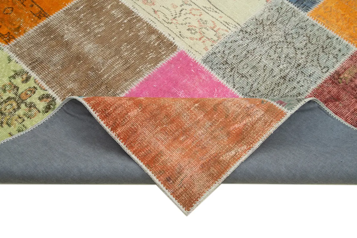 Patchwork Multi Pamuk Üzerine Yün El Dokuma Kilim-205x300 - Görsel 6
